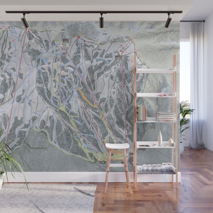 An illustrated wall-mural trail map for Snowbasin Resort, the traditional style of map SkiBuds compares itself against.