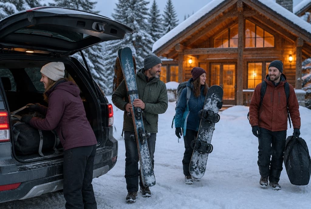 Four friends arrive at a snowy mountain cabin at dusk, unloading skis, a snowboard and bags from an SUV.