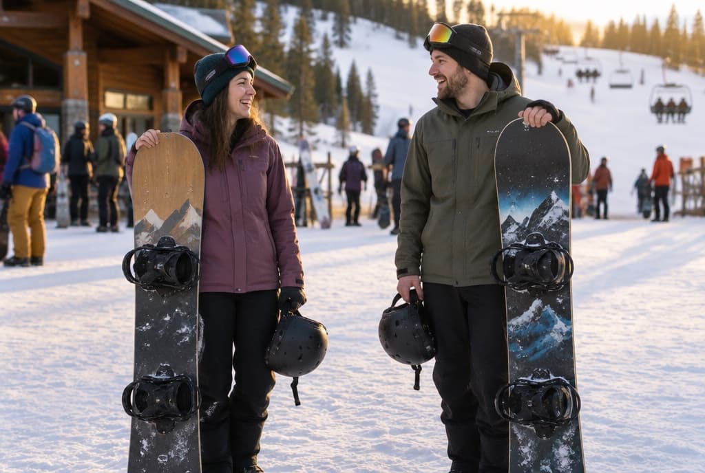 Two snowboarders stand at a ski resort base area in late afternoon light, boards upright and helmets in hand, laughing as they talk, with a lodge, a chairlift and other riders behind them.