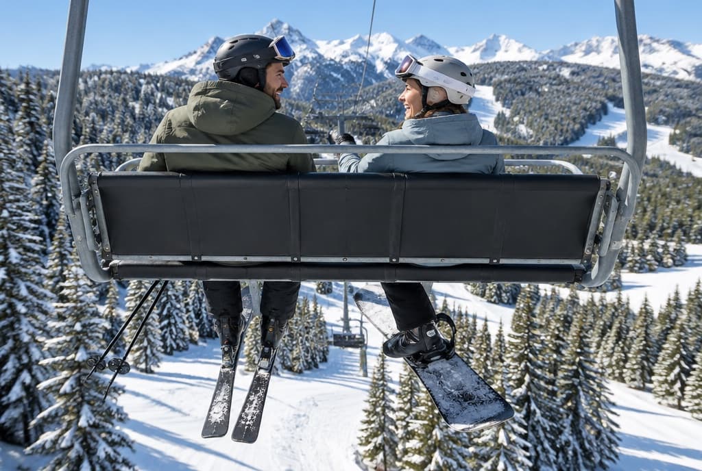 Seen from the chair behind, a skier and a snowboarder laugh as they talk on a chairlift above snowy evergreens, the snowboarder with one foot out of the binding and mountain peaks ahead.