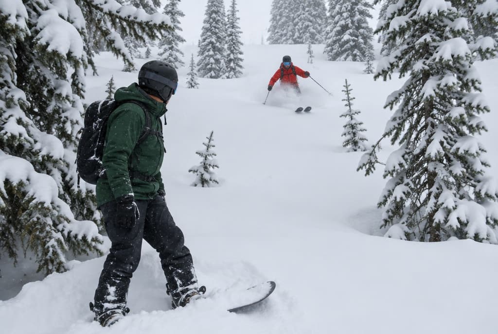 On a snowy powder day, a snowboarder in a green jacket waits at the edge of a glade and watches a skier in a red jacket come down through deep snow between snow-loaded evergreens.