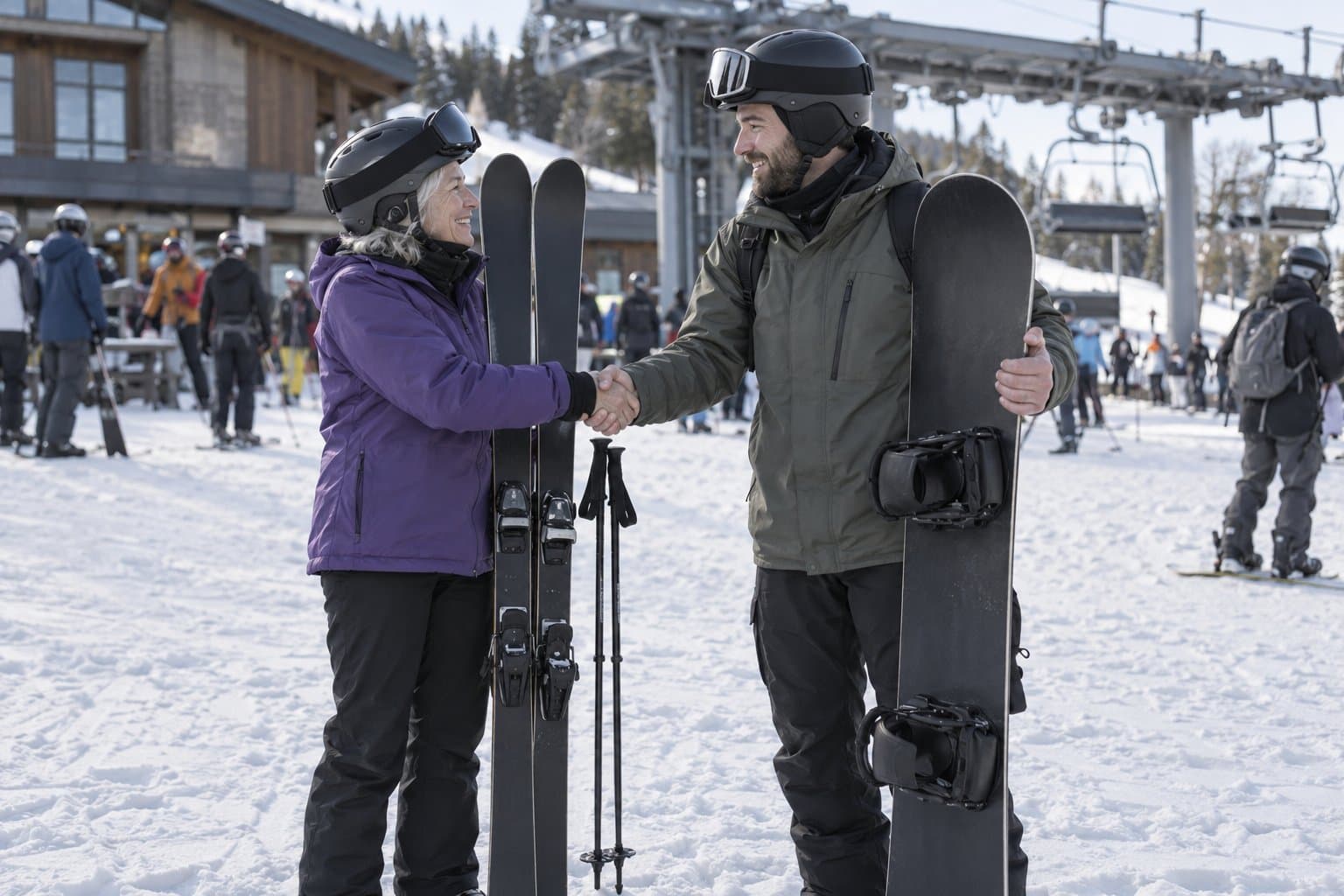 A skier and a snowboarder shake hands as they meet at a busy base area near the bottom of a chairlift.