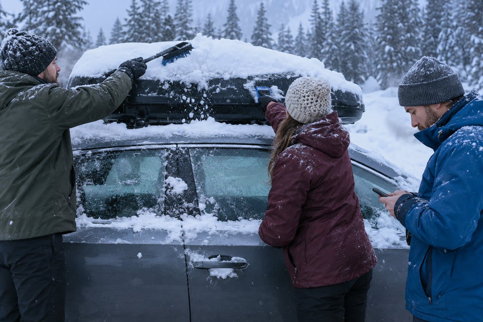 Three friends clear deep fresh snow off a car in a resort parking lot at dawn while light snow falls.