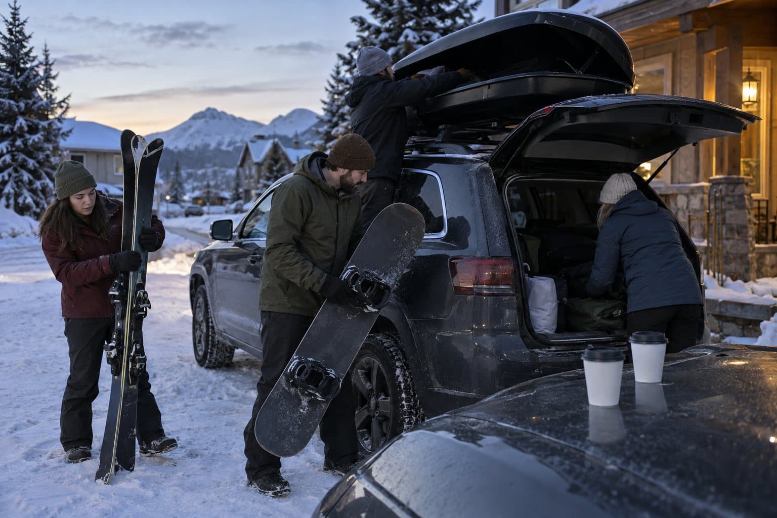 Four friends load skis and a snowboard into an SUV on a snowy street at dawn, with coffee cups on a car hood in the foreground.