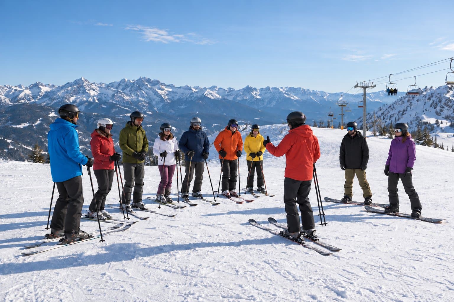 About ten adult skiers and snowboarders gather around a group leader at the top of a lift, listening to the plan before a run.