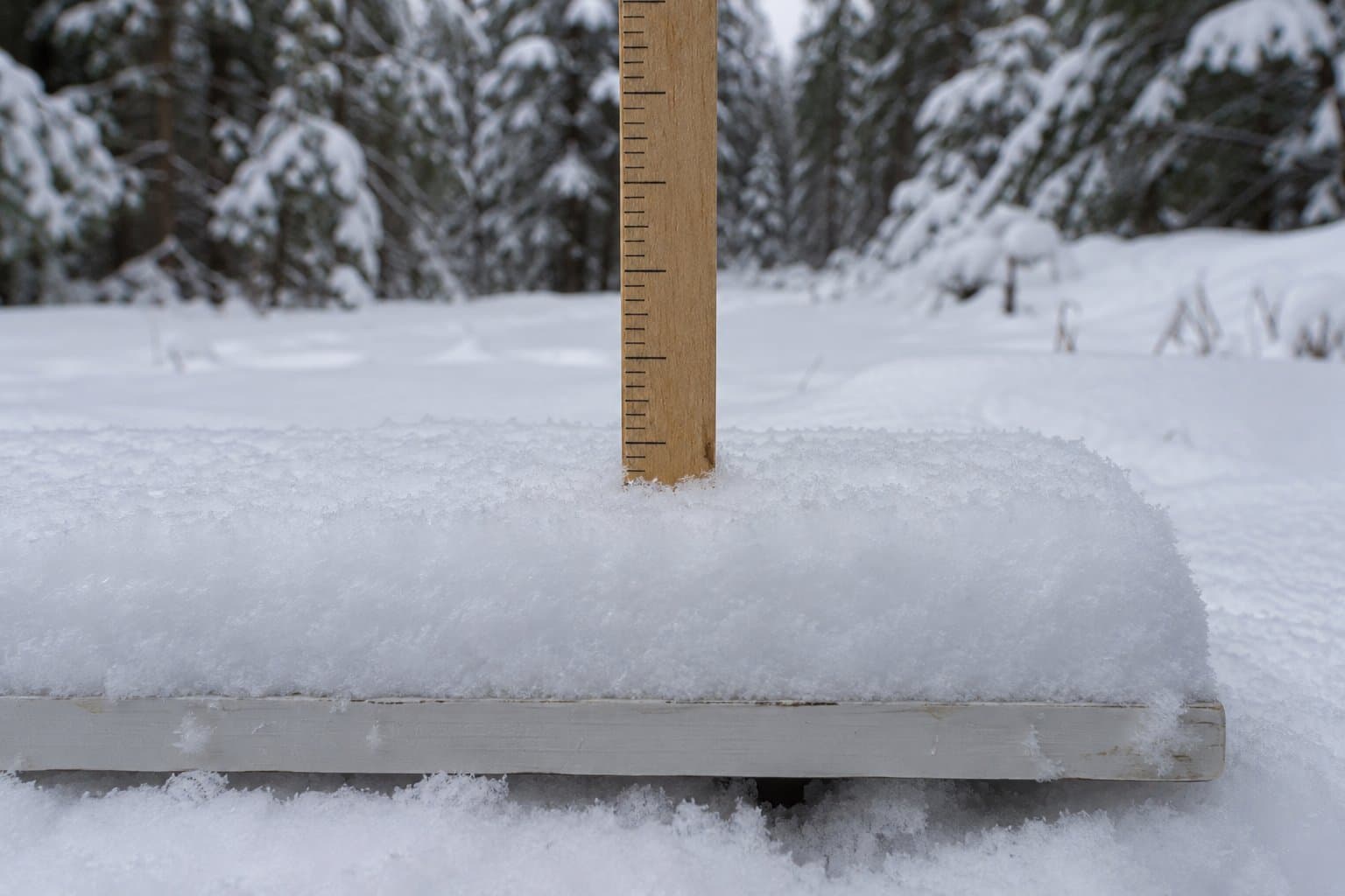 A wooden measuring stake with plain tick marks stands in fresh snow on a white snow board in an evergreen forest clearing.