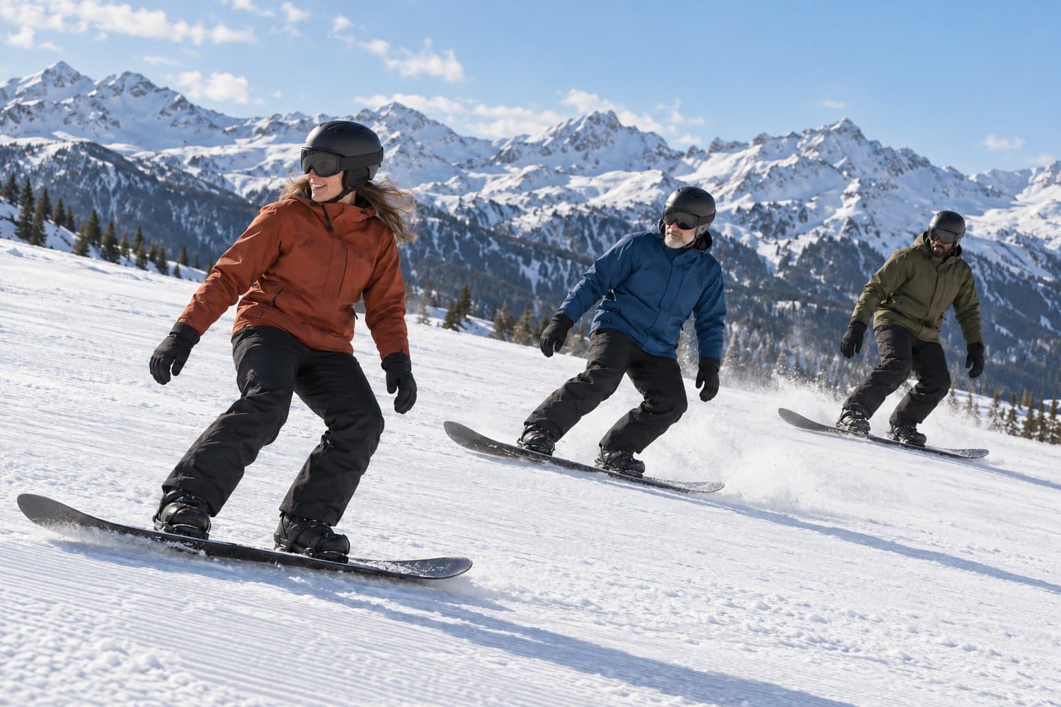 Three snowboarders ride together down a sunny groomed run, spraying snow on their turns.
