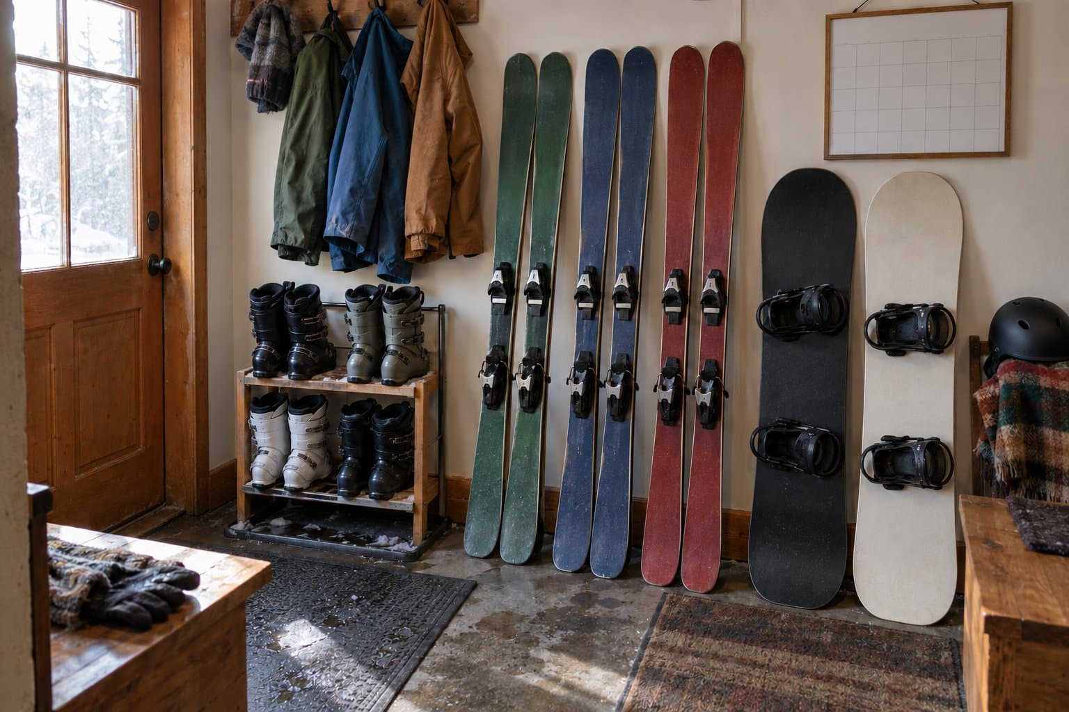 A crowded mudroom in a shared ski-town house with skis, snowboards, drying boots and jackets on hooks.