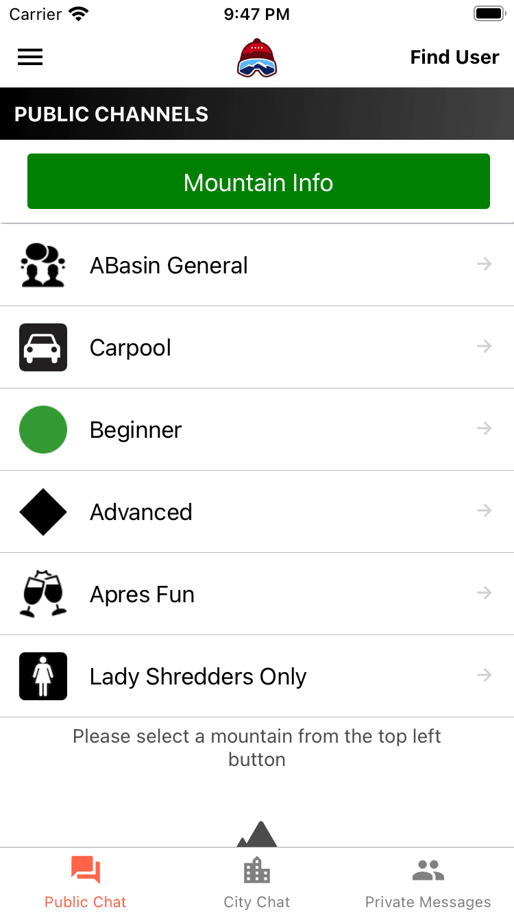 The SkiBuds channel list for a resort, with ability channels alongside carpool and apres