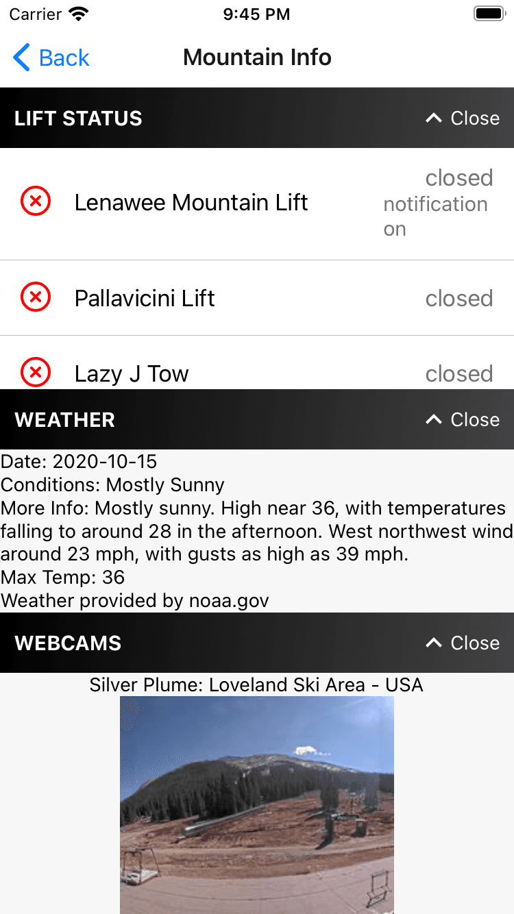 Mountain information and conditions for a resort in the SkiBuds app