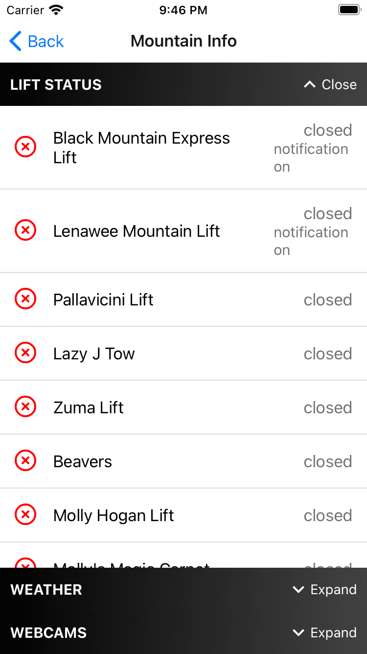 Setting lift status notifications for a resort in the SkiBuds app